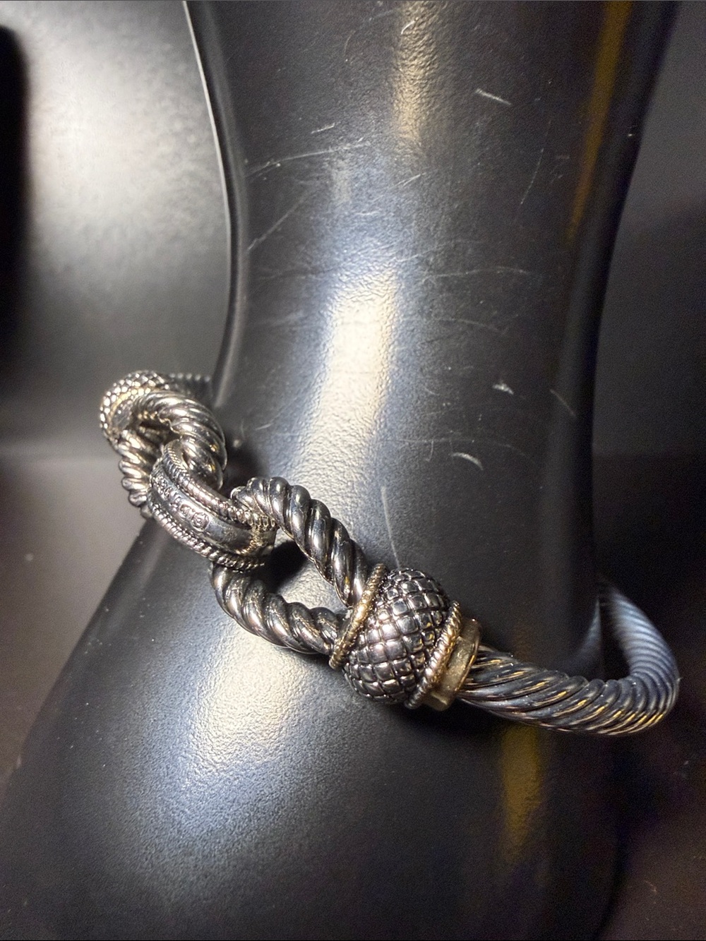 Men's Twisted Rope Knot Cuff Bracelet  Silver Tone